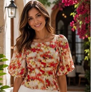 DKNY Floral Puff Sleeve Blouse Red Orange Watercolor Abstract Peplum Top Size M
